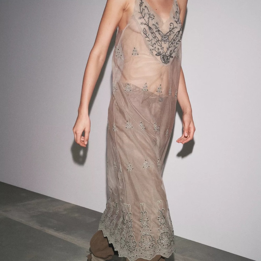 Zara Sheer Embroidered Maxi Dress - Gray (defect- check photos)